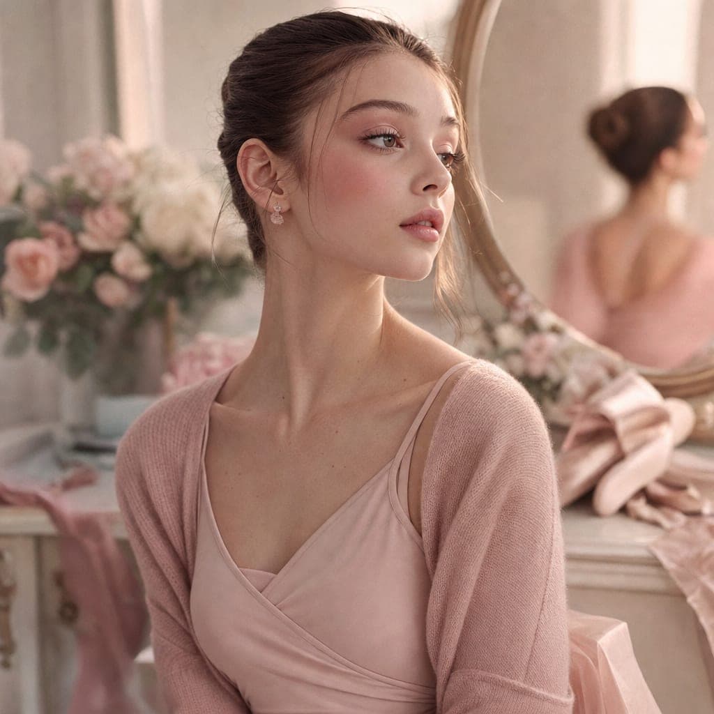 Balletcore soft rosy makeup with a sleek ballet bun