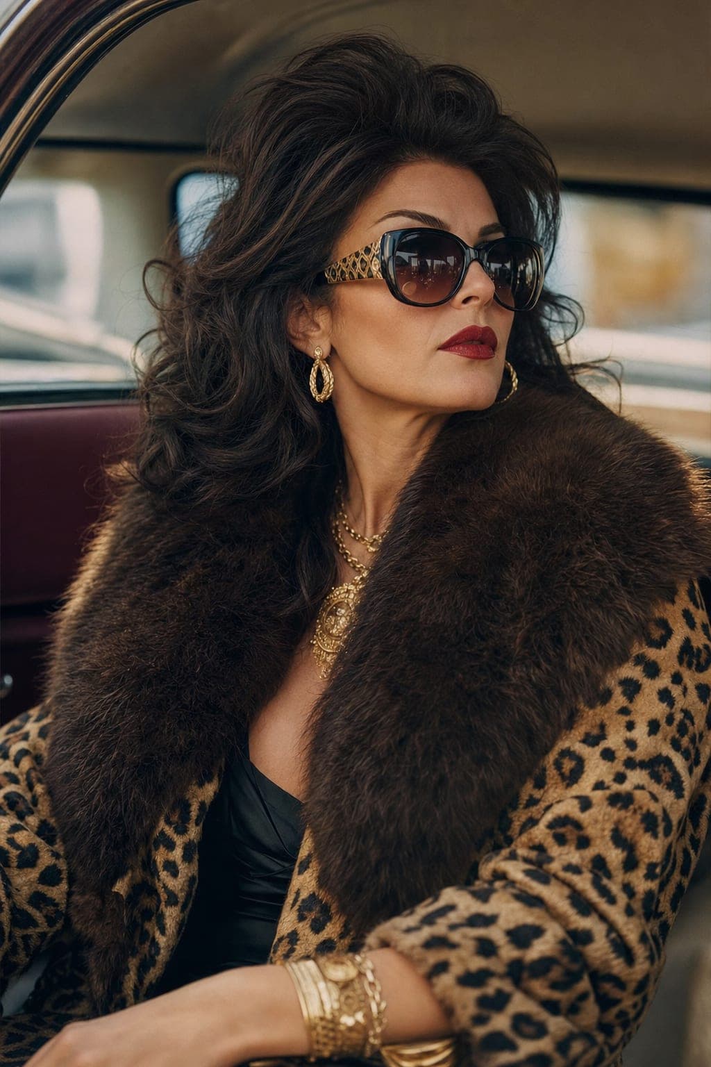 Mob wife voluminous blowout hair with sunglasses and a fur collar
