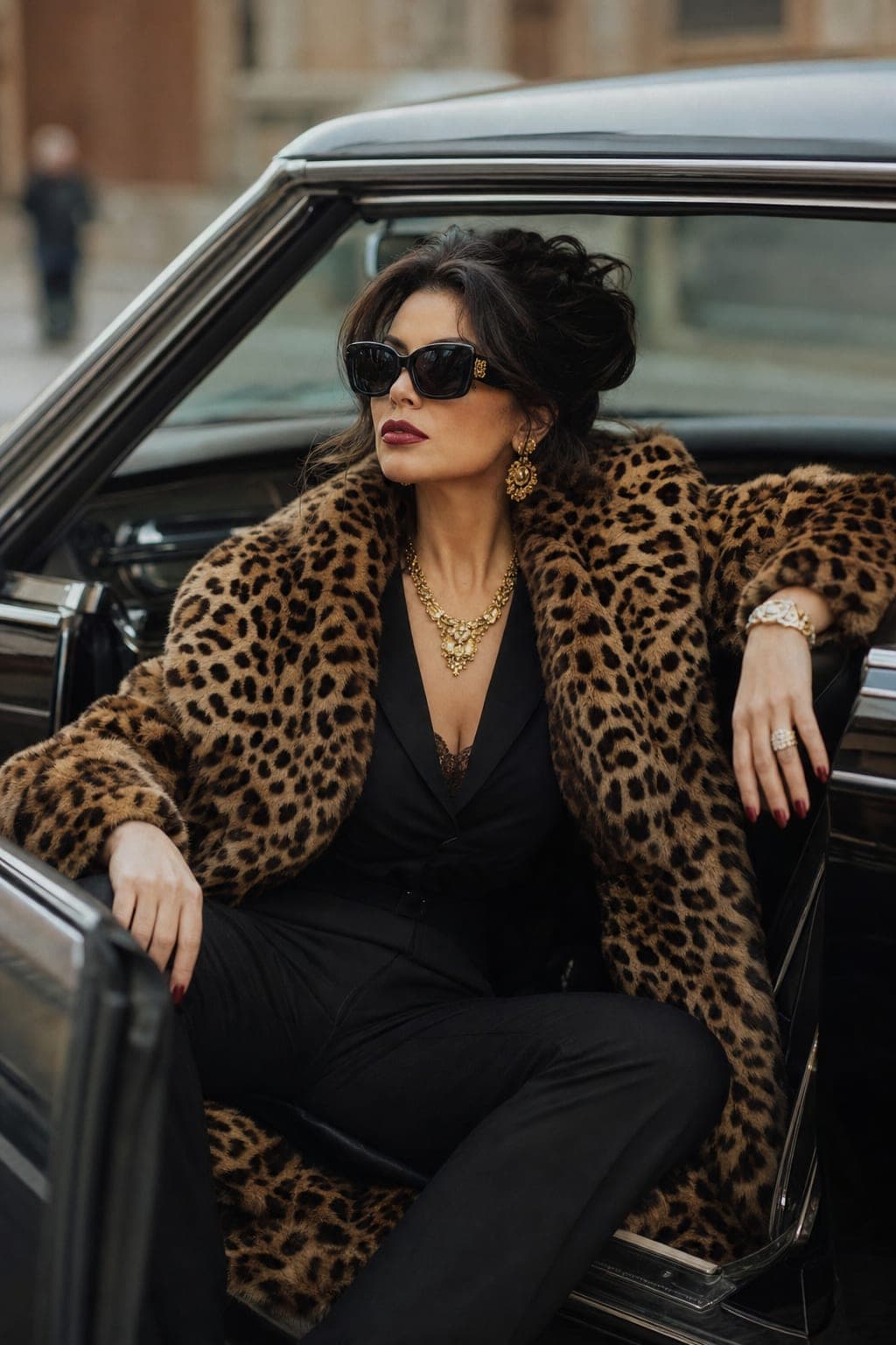 Mob wife leopard print coat over a bold all-black ensemble