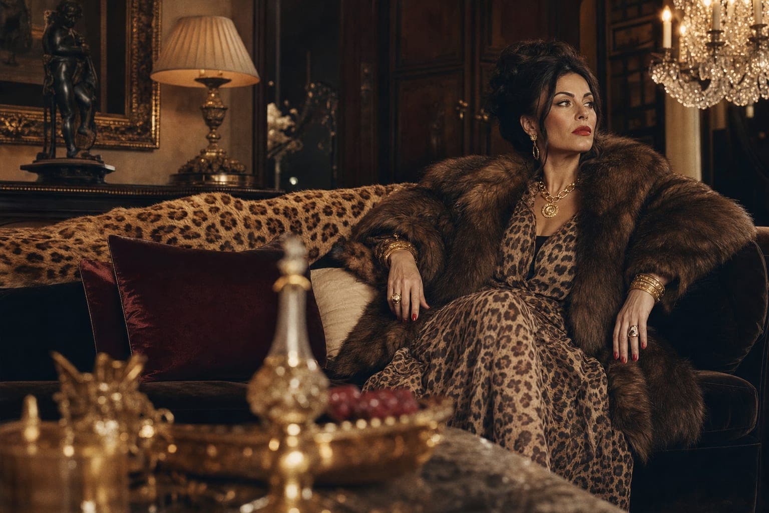Mob wife luxe living room with dark wood, velvet and gold accents