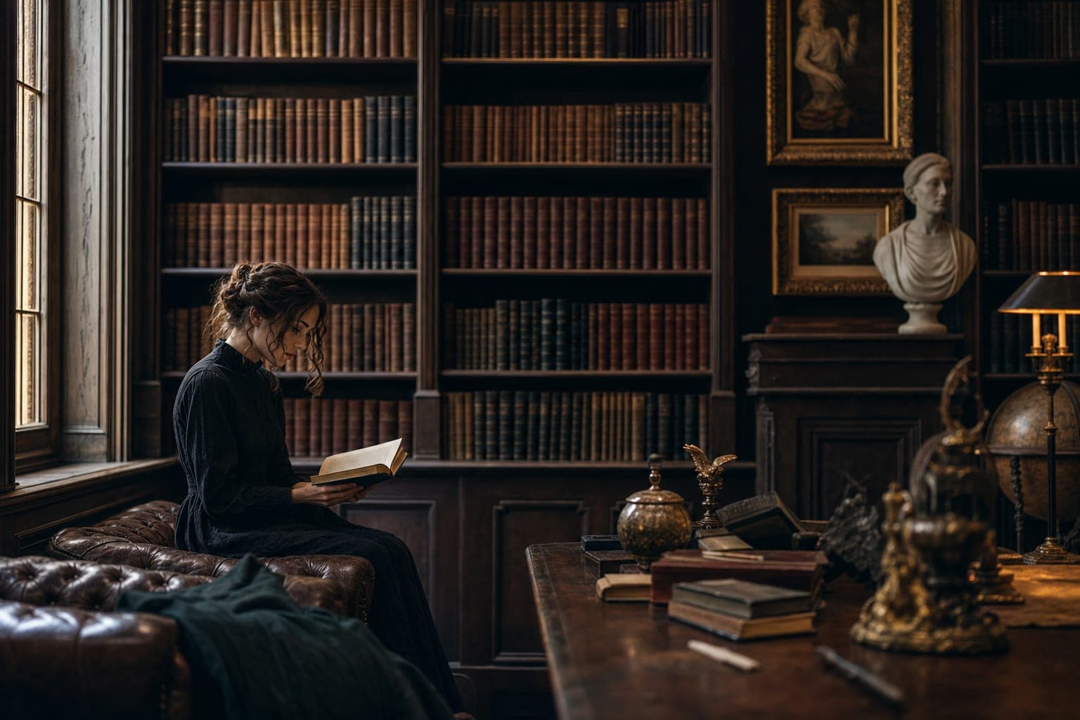 Dark academia library with floor-to-ceiling shelves of leather-bound books and dark wood paneling