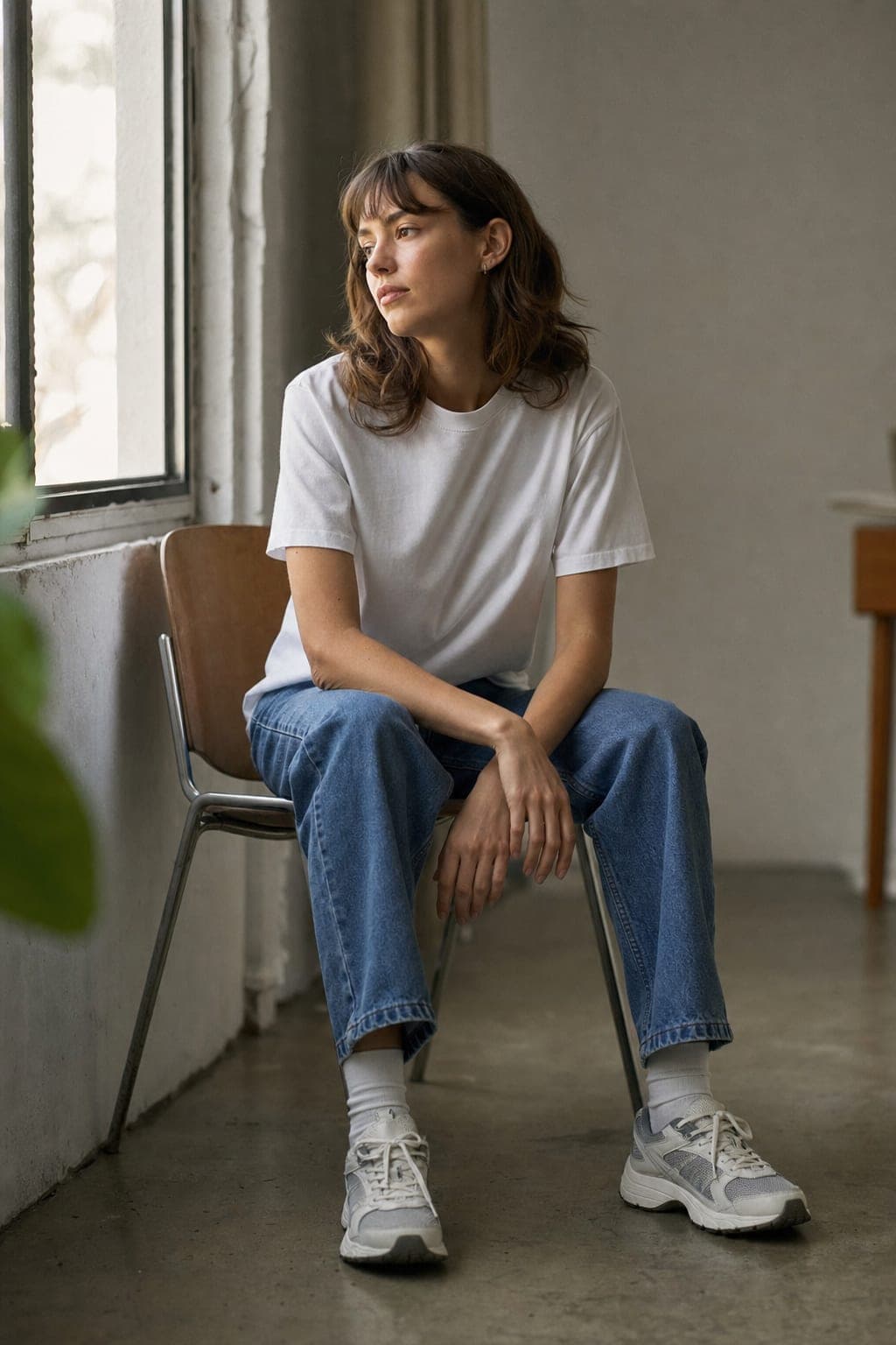Normcore outfit with a plain white t-shirt, straight-leg jeans, and dad sneakers