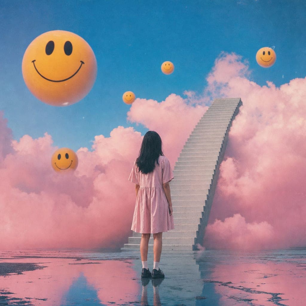 Weirdcore dreamscape of pastel clouds, smiley faces and a too-blue sky