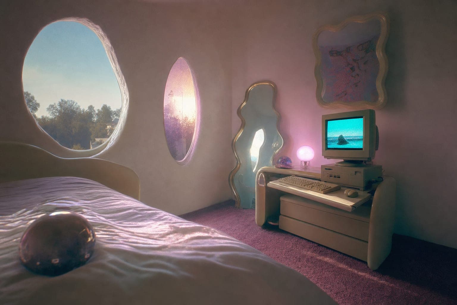 Weirdcore surreal bedroom with an old CRT computer and softly distorted walls