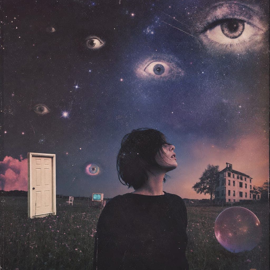 Weirdcore surreal wallpaper collage of floating eyes, stars and film grain