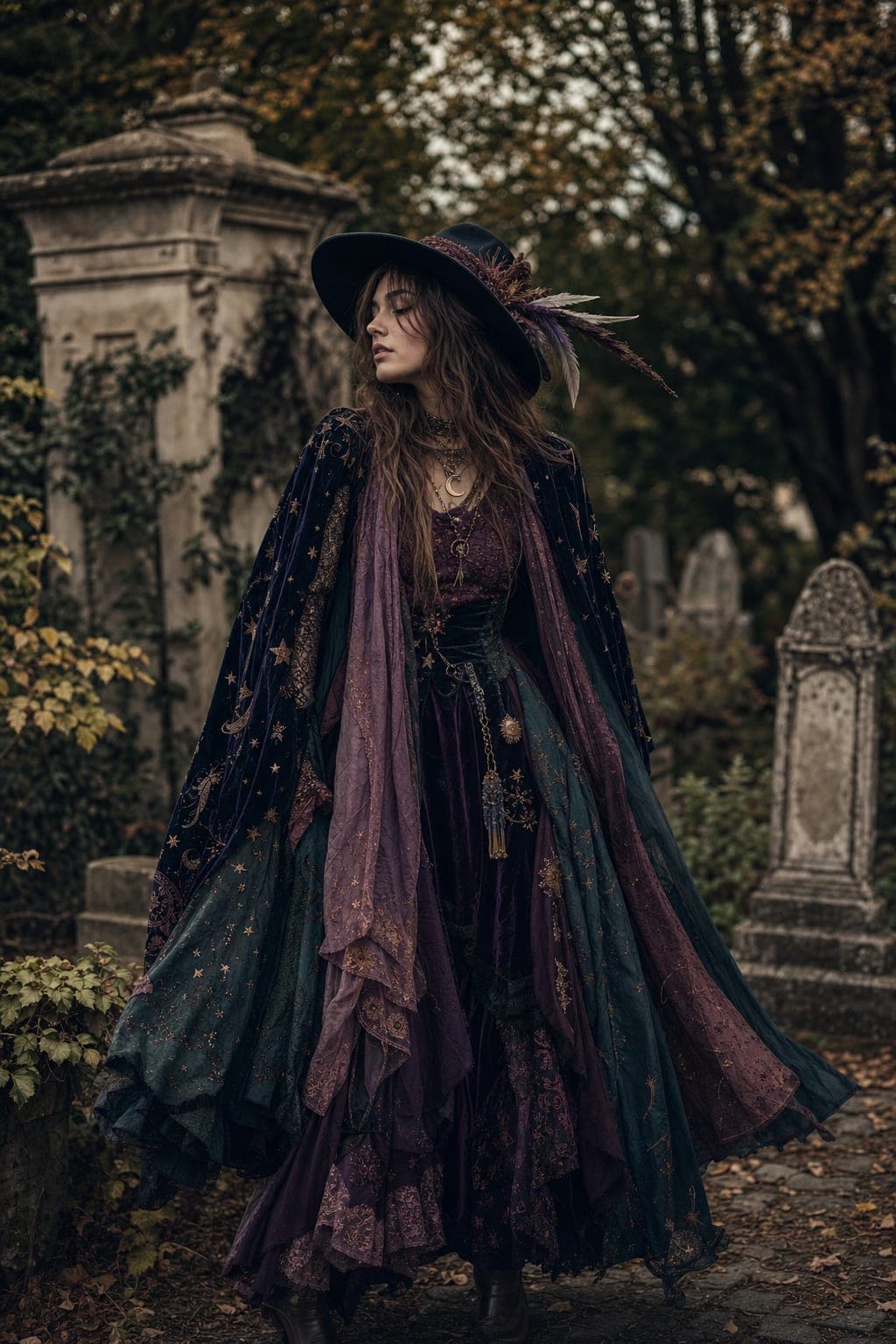 Whimsigoth layered autumn outfit with flowing scarves and a wide-brim hat