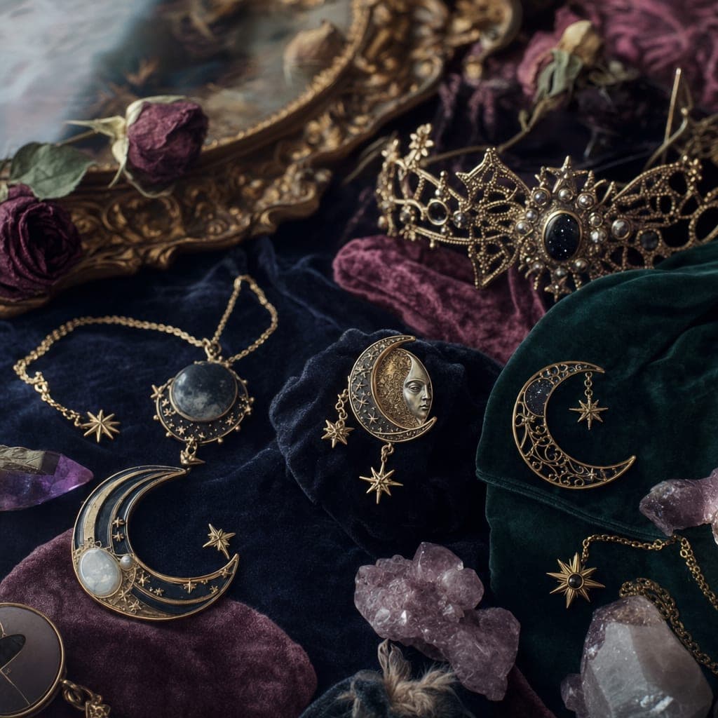 Whimsigoth celestial accessories with moon and star motifs on velvet