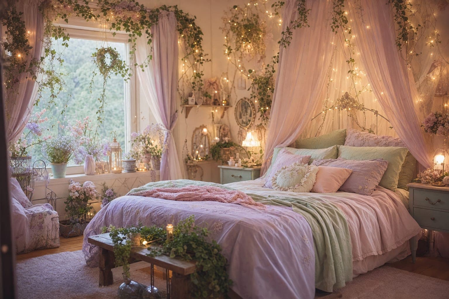 Dreamy fairycore bedroom with fairy lights and plants