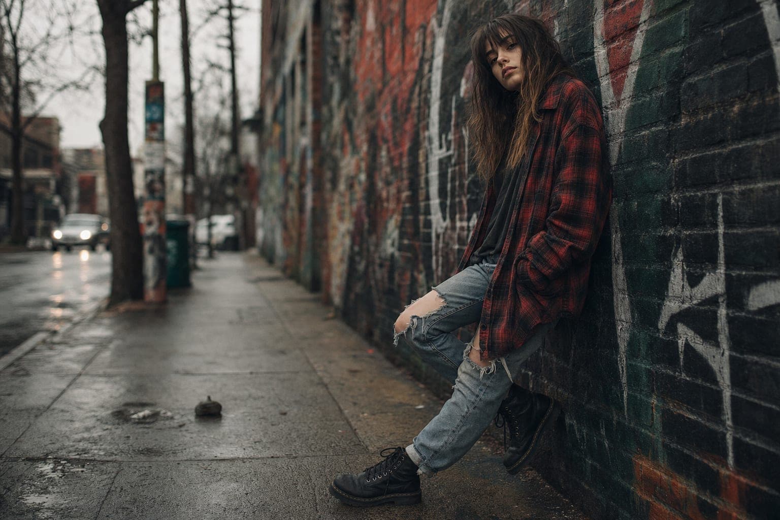 Young woman in an oversized red and black flannel shirt, ripped faded jeans and scuffed black combat boots leaning against a graffiti-covered brick wall on an overcast city street, moody dark earthy palette