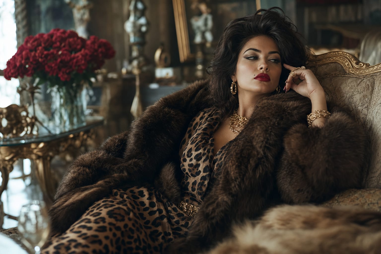 Mob wife aesthetic glamorous fur coat and gold jewelry scene