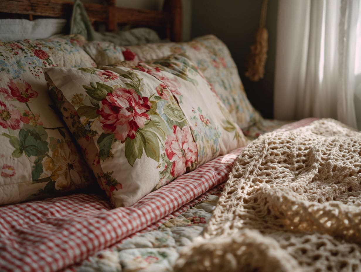 Layered bedding with floral quilt and gingham pillows