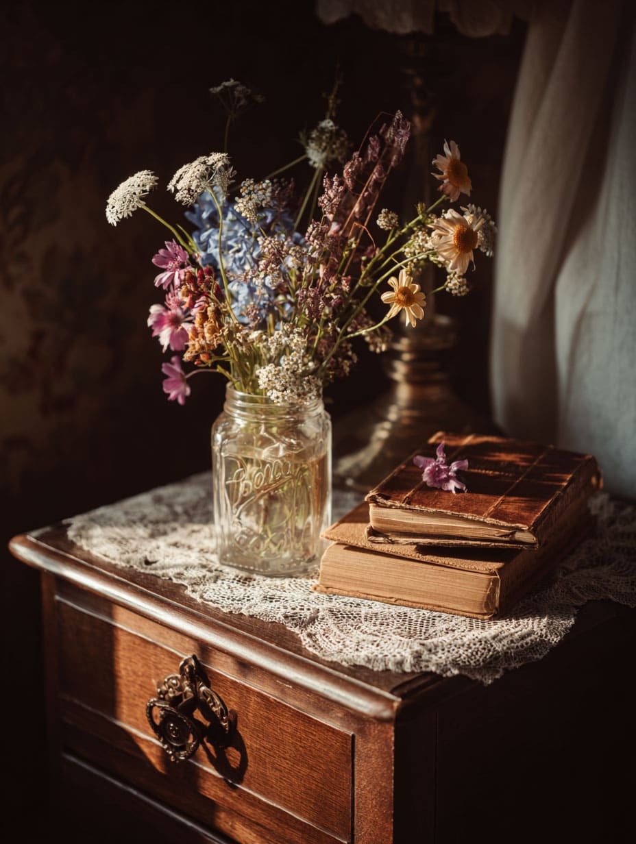 Vintage nightstand with stacked books and wildflowers in mason jar