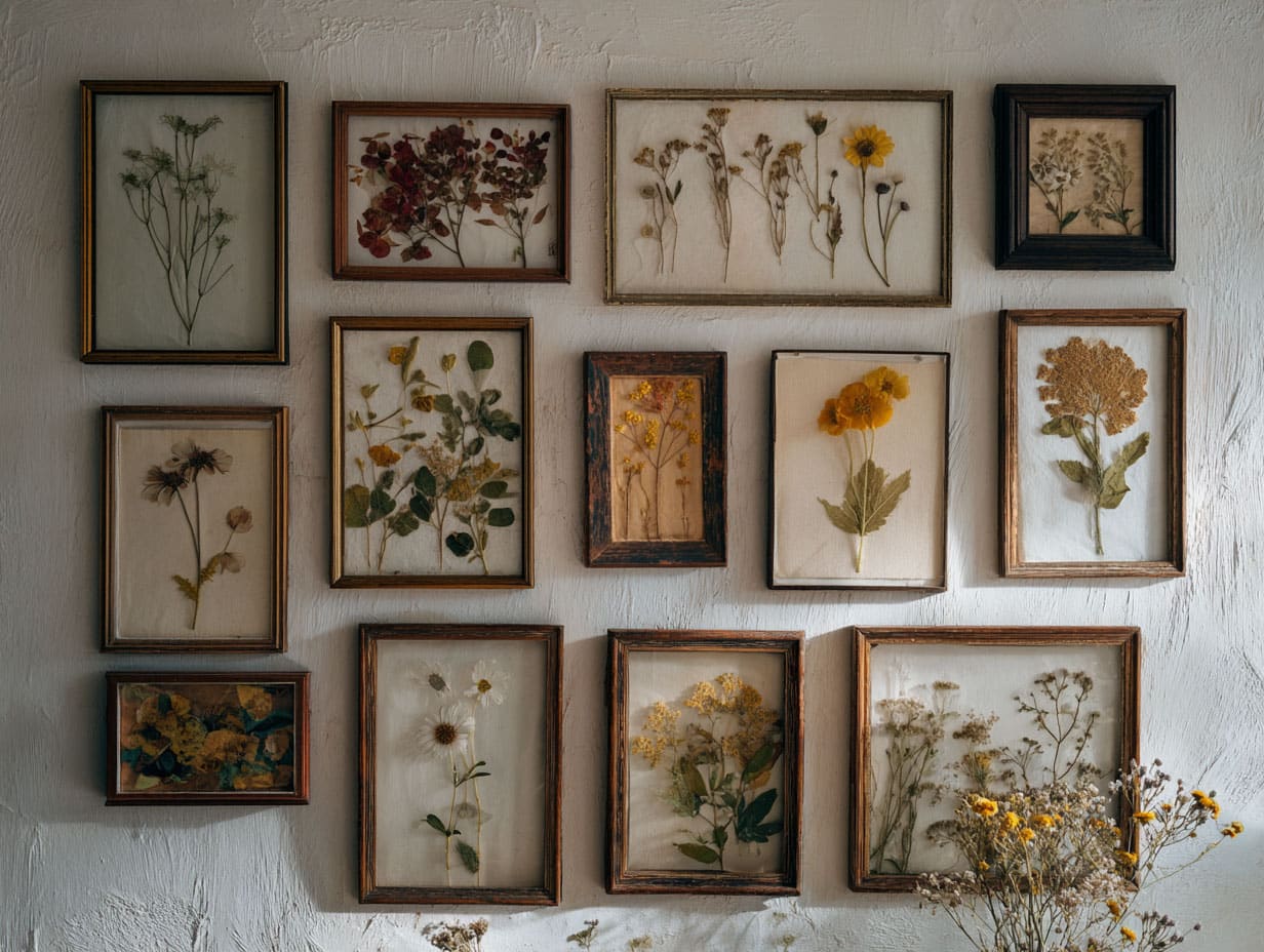 Gallery wall with pressed flowers in vintage frames and botanical prints
