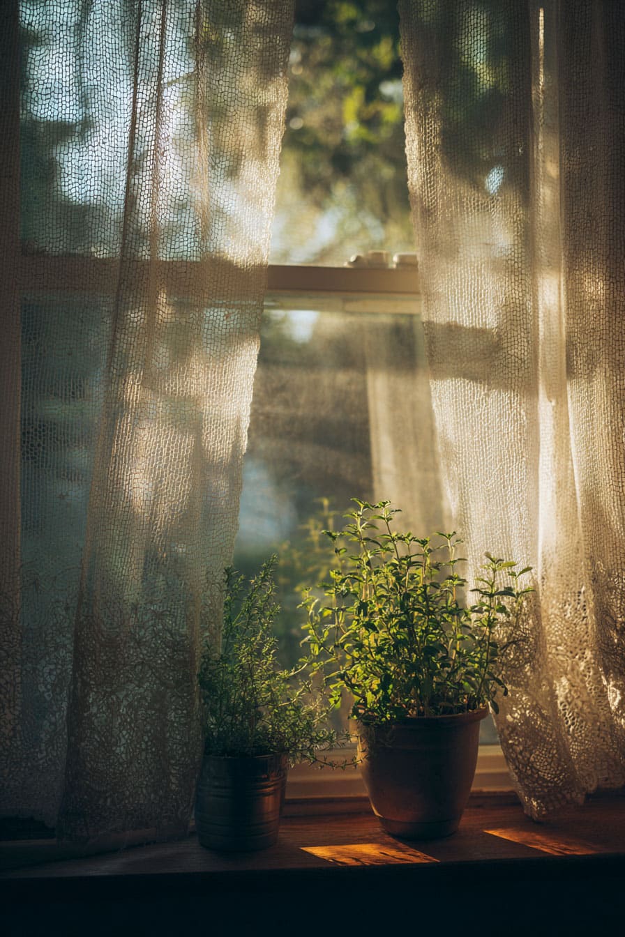 Window with sheer lace curtains and potted herbs on wooden sill