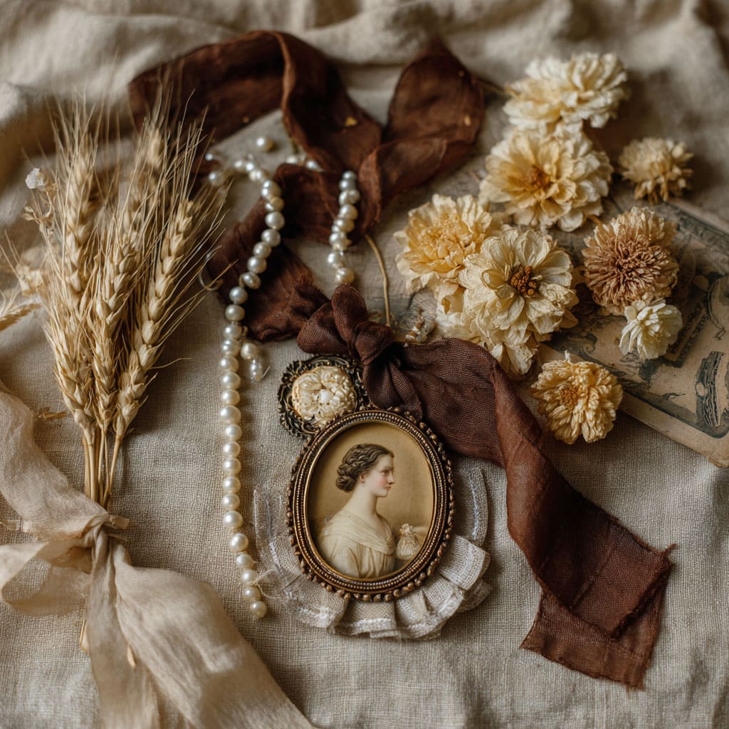 Cottagecore accessories including pearl necklace, vintage brooch, and dried flowers