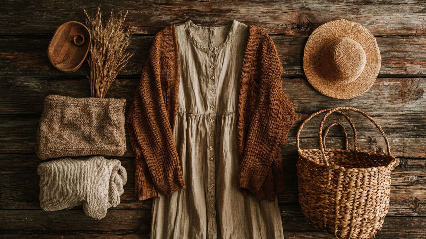 Cottagecore wardrobe essentials flat lay with dress, cardigan and accessories