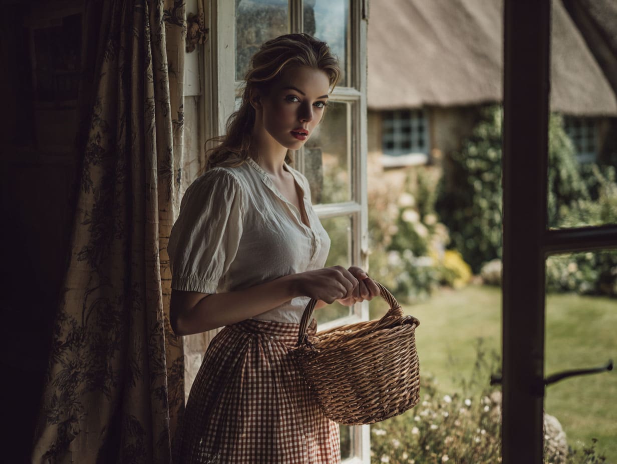 Gingham midi skirt styled with white blouse and woven basket