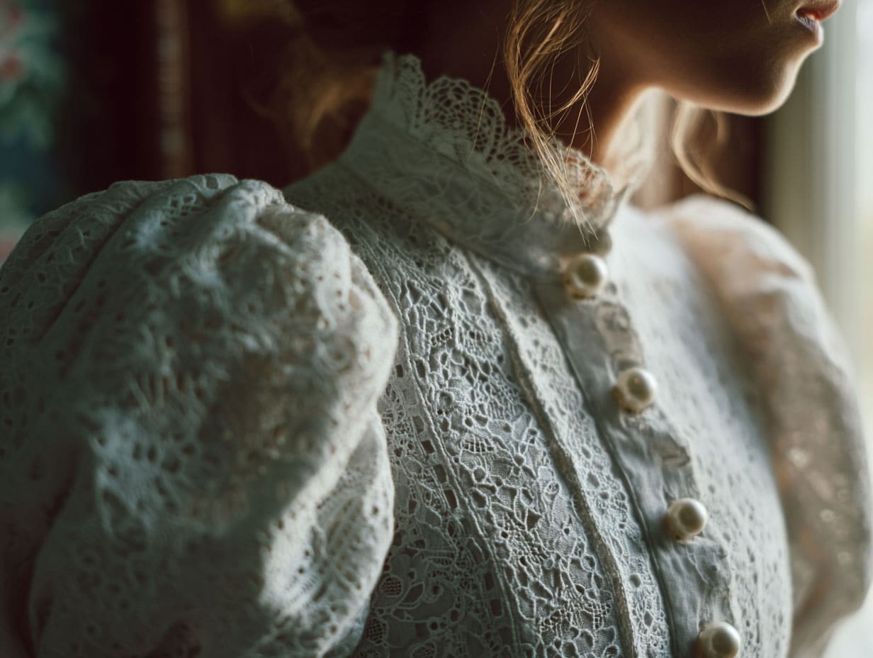 White eyelet cottagecore blouse with puffed sleeves and pearl buttons