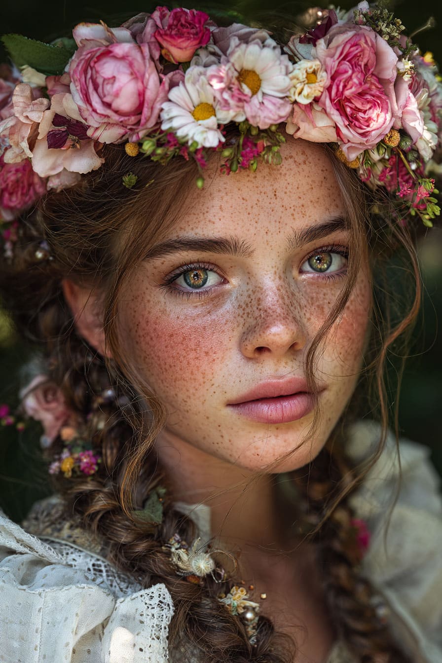 Woman with milkmaid braids and flower crown