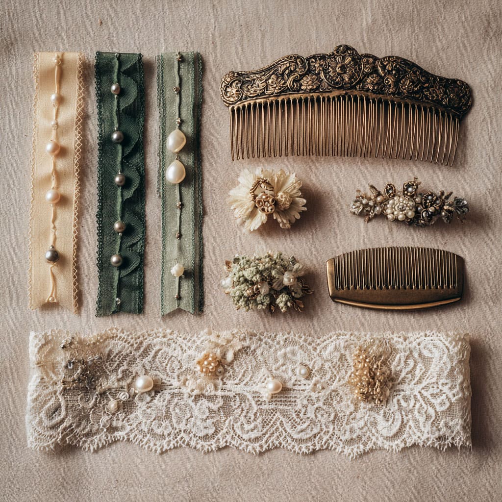 Hair accessories including ribbons, pearl clips, and dried flowers