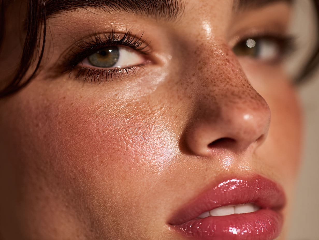 Natural no-makeup makeup look with dewy skin and subtle blush