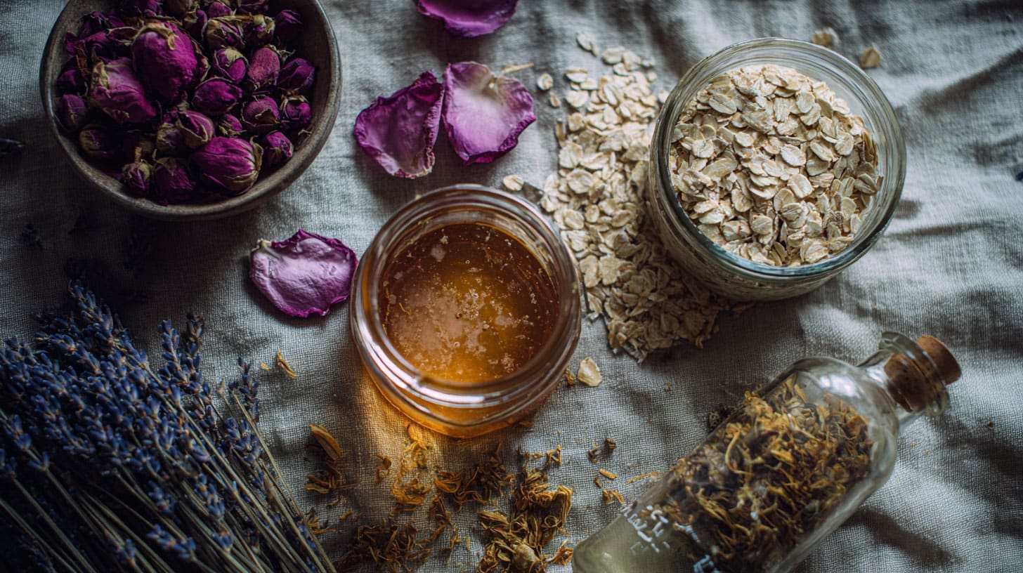Natural beauty ingredients including honey, roses, and lavender