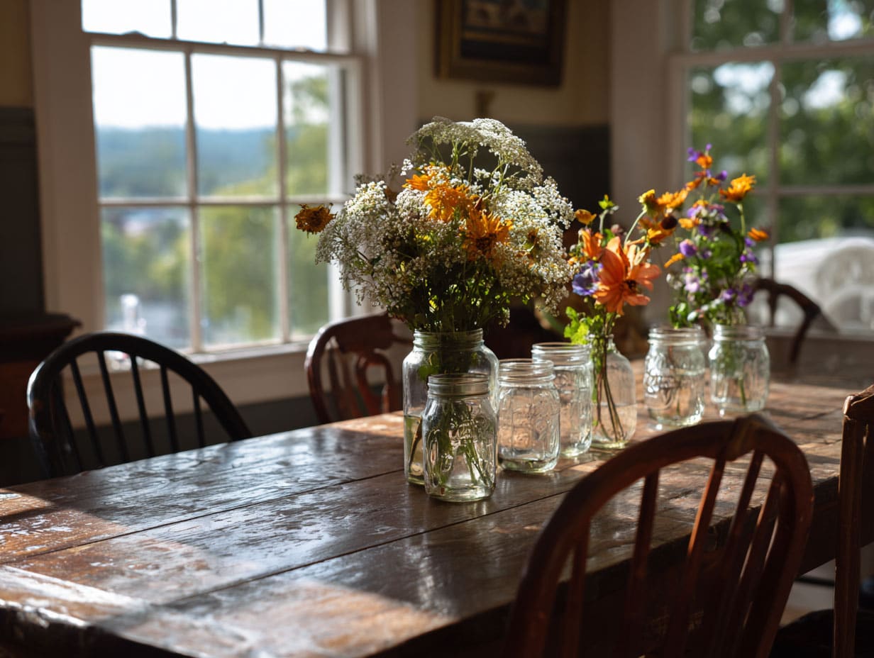 Dining room with farmhouse table and mismatched chairs
