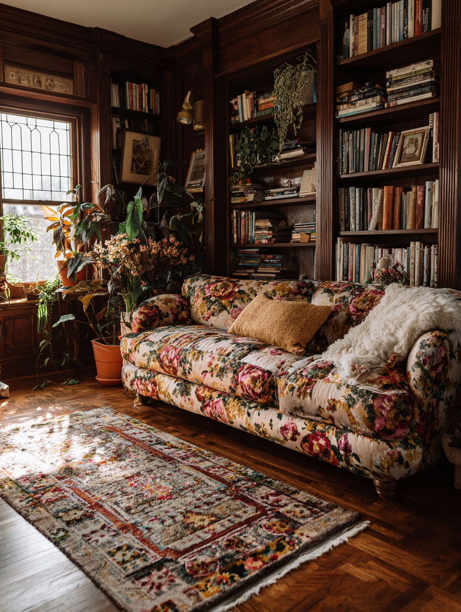 Living room with overstuffed floral sofa and vintage rugs