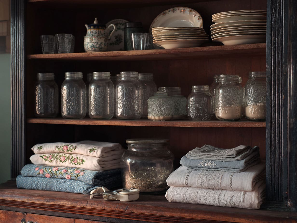 Vintage hutch displaying dishes and linens