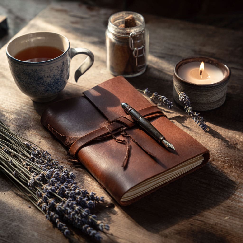 Daily ritual items including journal, tea, and fresh lavender