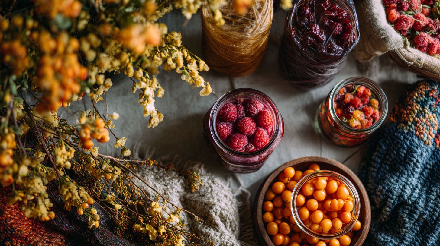 Seasonal grid showing spring flowers and summer berries