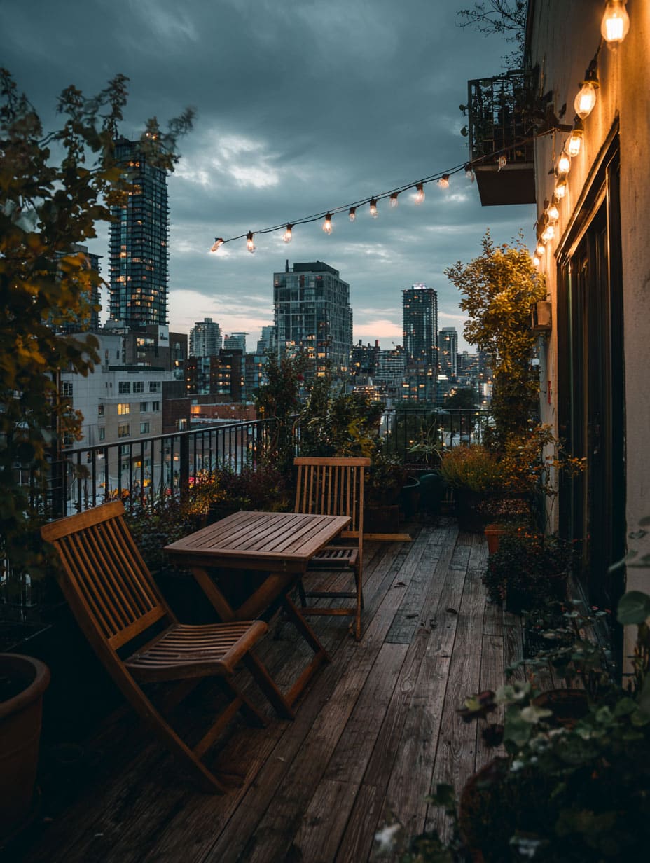 Urban balcony with container garden and vintage furniture