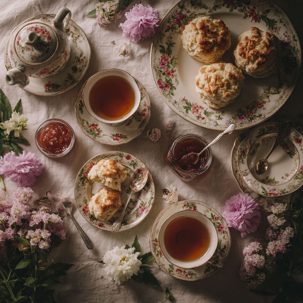 Afternoon tea setup with vintage china and homemade treats