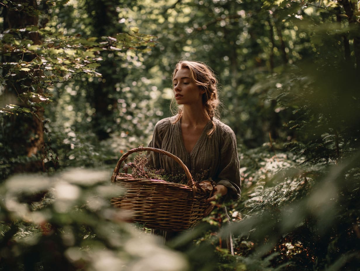Woman foraging mushrooms in forest with woven basket