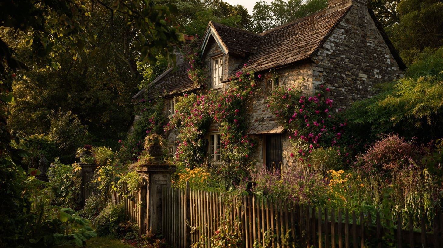 Stone cottage with climbing roses and vegetable garden