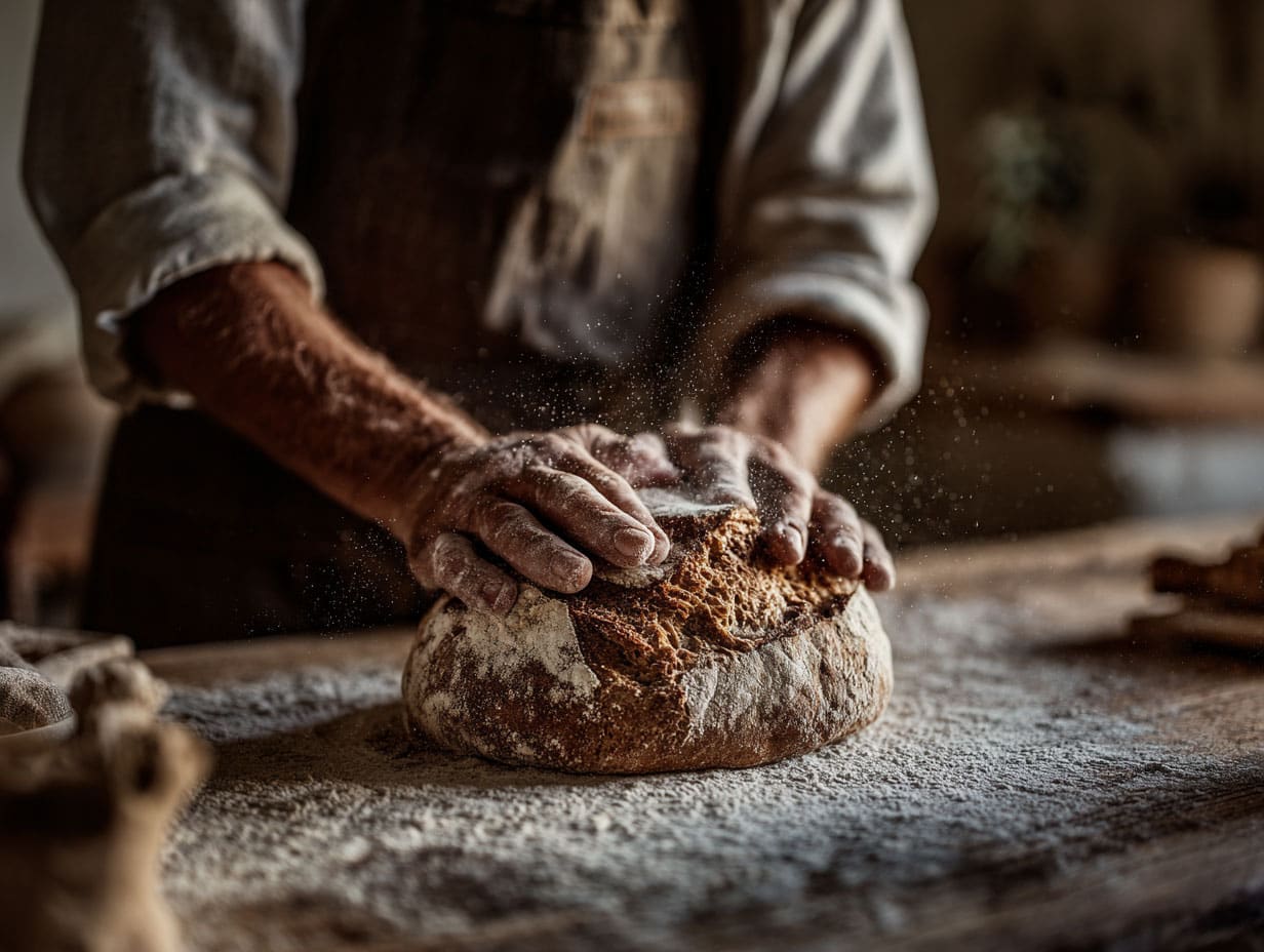 Hands kneading bread dough on floured wooden surface