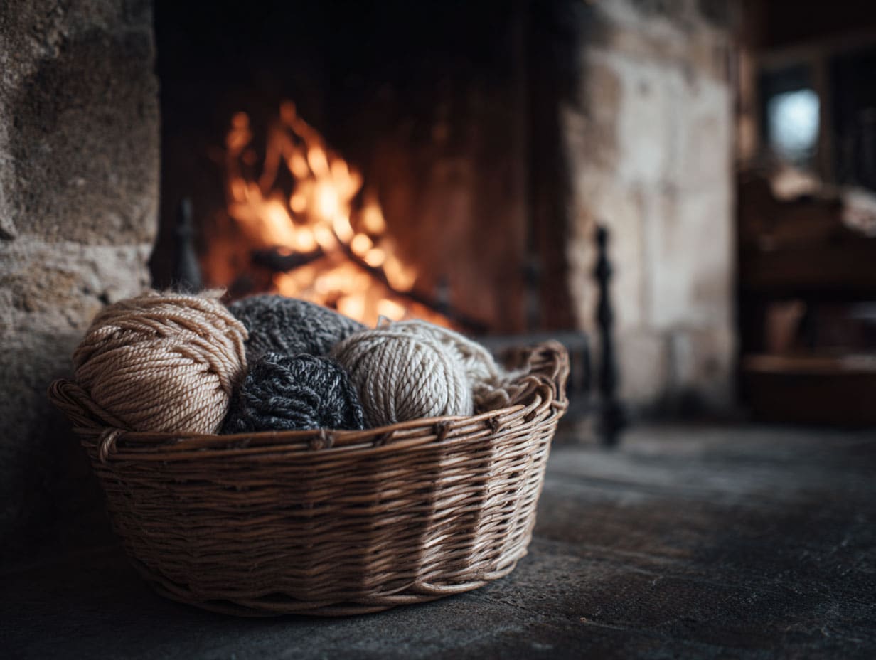 Knitting project with wool yarn in wicker basket by fireplace