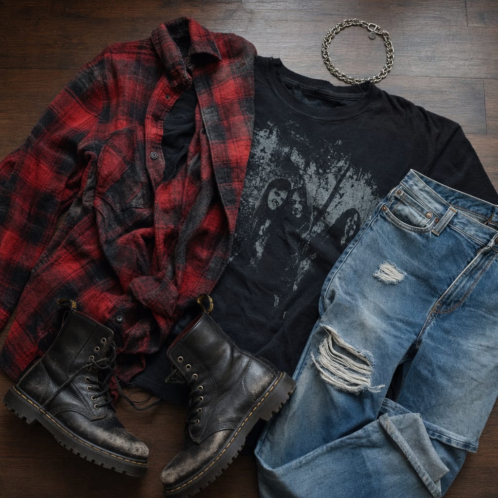 Flat lay of a classic 90s grunge outfit arranged on a dark wood floor: worn red and black plaid flannel shirt, faded ripped blue jeans, vintage black band t-shirt, scuffed black combat boots and a silver chain choker