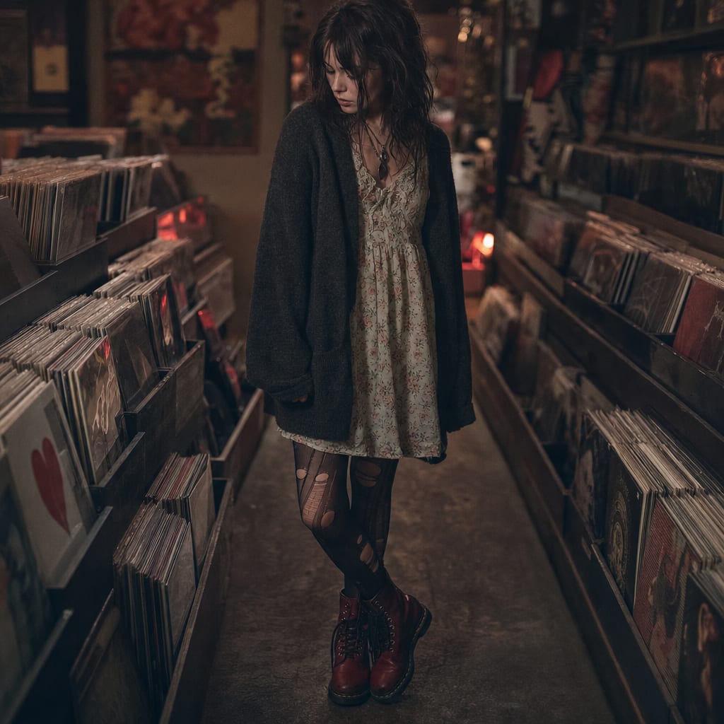 Young woman in a soft grunge outfit standing between dim record store aisles: pastel floral babydoll dress layered under an oversized charcoal cardigan, ripped black tights and cherry-red combat boots, moody low light