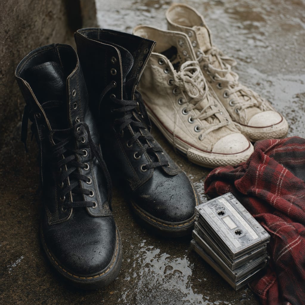 Close-up of scuffed black leather combat boots and worn white canvas high-top sneakers on rain-wet concrete beside a stack of cassette tapes and a folded red plaid flannel shirt, overcast gray light